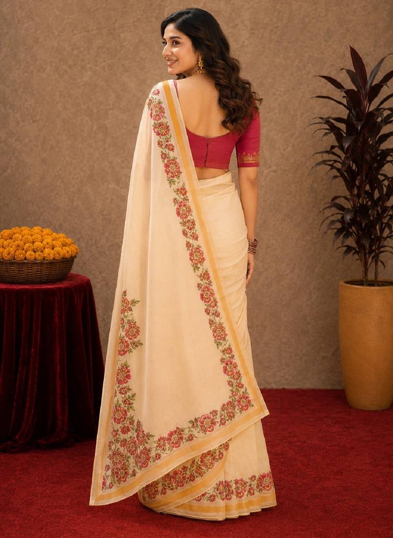  off white pink chanderi cotton blend printed  1 minute ready to wear saree with unstitched blouse piece