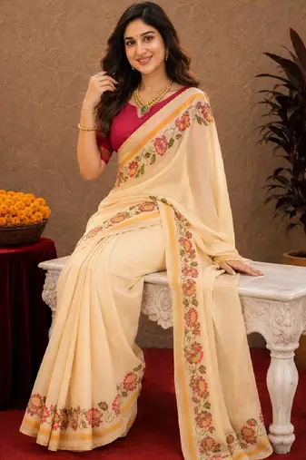  off white pink chanderi cotton blend printed  1 minute ready to wear saree with unstitched blouse piece