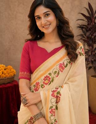  off white pink chanderi cotton blend printed  1 minute ready to wear saree with unstitched blouse piece 5