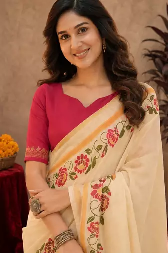  off white pink chanderi cotton blend printed  1 minute ready to wear saree with unstitched blouse piece