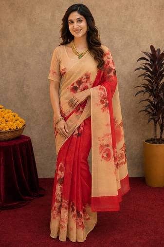  red cream chanderi cotton blend printed 1 minute ready to wear saree with unstitched blouse piece