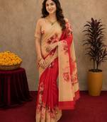  red cream chanderi cotton blend printed 1 minute ready to wear saree with unstitched blouse piece