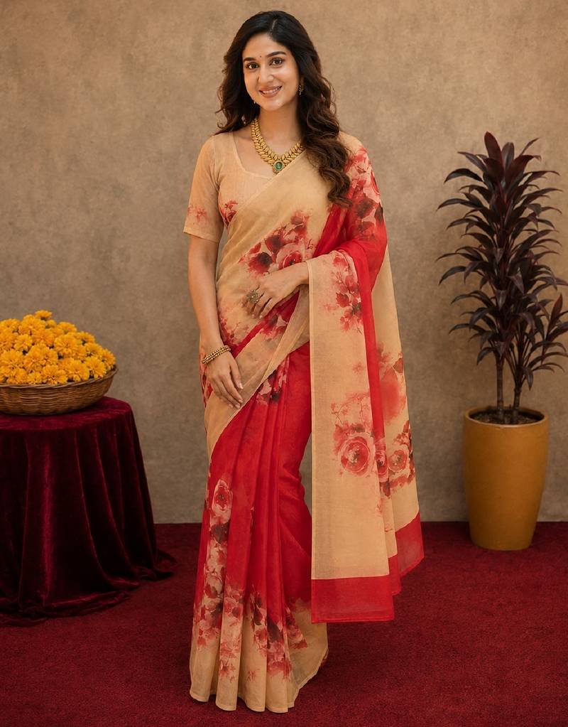  red cream chanderi cotton blend printed 1 minute ready to wear saree with unstitched blouse piece