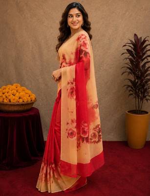  red cream chanderi cotton blend printed 1 minute ready to wear saree with unstitched blouse piece 2