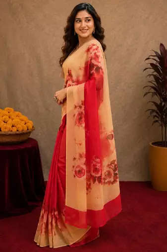  red cream chanderi cotton blend printed 1 minute ready to wear saree with unstitched blouse piece