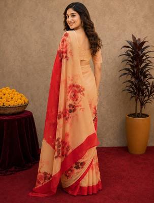  red cream chanderi cotton blend printed 1 minute ready to wear saree with unstitched blouse piece 3