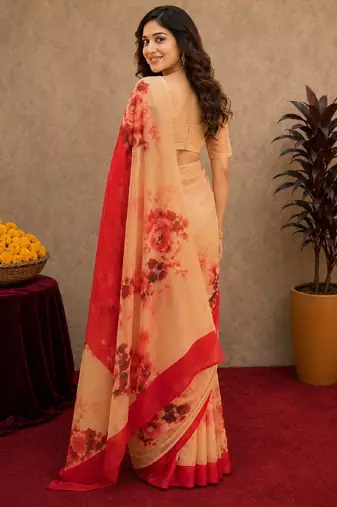  red cream chanderi cotton blend printed 1 minute ready to wear saree with unstitched blouse piece