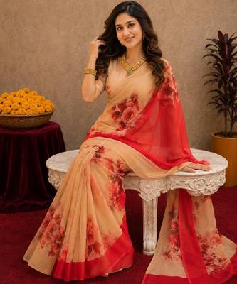  red cream chanderi cotton blend printed 1 minute ready to wear saree with unstitched blouse piece 4