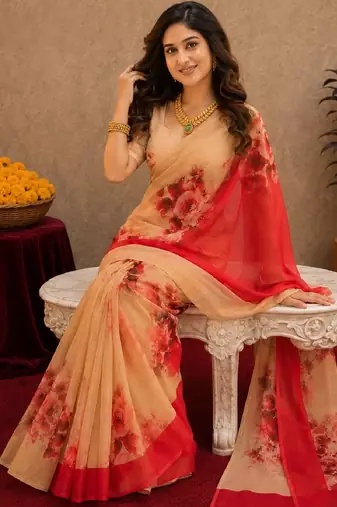  red cream chanderi cotton blend printed 1 minute ready to wear saree with unstitched blouse piece