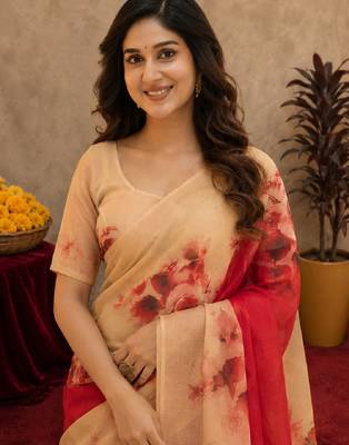  red cream chanderi cotton blend printed 1 minute ready to wear saree with unstitched blouse piece 5