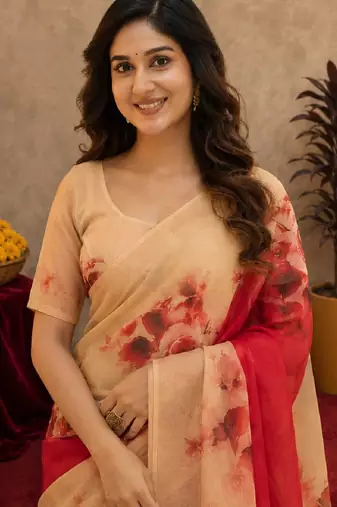  red cream chanderi cotton blend printed 1 minute ready to wear saree with unstitched blouse piece