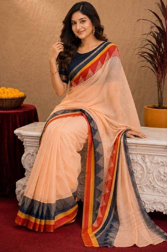  peach blue chanderi cotton blend printed  1 minute ready to wear saree with unstitched blouse piece