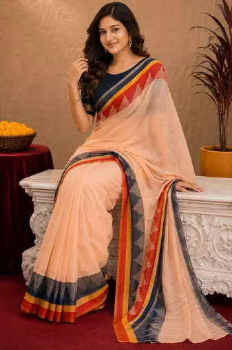  peach blue chanderi cotton blend printed  1 minute ready to wear saree with unstitched blouse piece