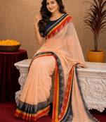  peach blue chanderi cotton blend printed  1 minute ready to wear saree with unstitched blouse piece