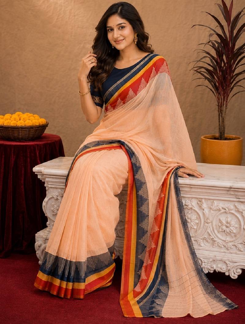  peach blue chanderi cotton blend printed  1 minute ready to wear saree with unstitched blouse piece