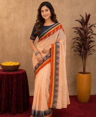  peach blue chanderi cotton blend printed  1 minute ready to wear saree with unstitched blouse piece 2