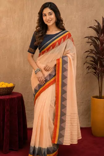  peach blue chanderi cotton blend printed  1 minute ready to wear saree with unstitched blouse piece