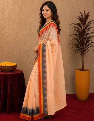  peach blue chanderi cotton blend printed  1 minute ready to wear saree with unstitched blouse piece 3