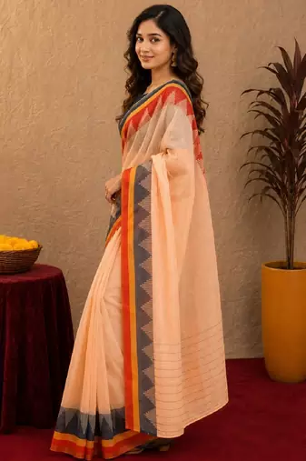 peach blue chanderi cotton blend printed  1 minute ready to wear saree with unstitched blouse piece