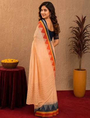  peach blue chanderi cotton blend printed  1 minute ready to wear saree with unstitched blouse piece 4