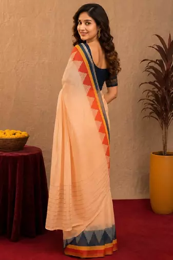  peach blue chanderi cotton blend printed  1 minute ready to wear saree with unstitched blouse piece