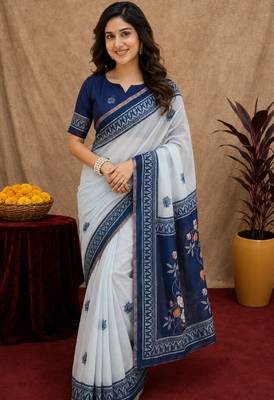  white blue chanderi cotton blend printed  1 minute ready to wear saree with unstitched blouse piece 1