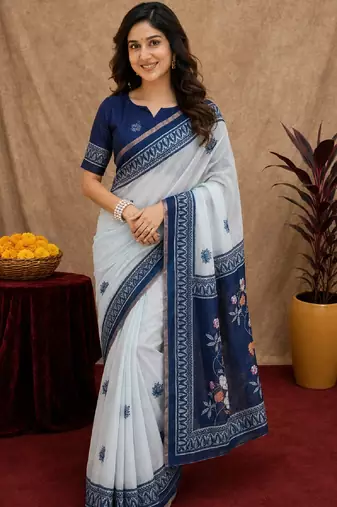  white blue chanderi cotton blend printed  1 minute ready to wear saree with unstitched blouse piece