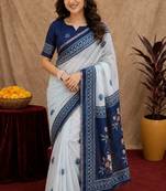  white blue chanderi cotton blend printed  1 minute ready to wear saree with unstitched blouse piece
