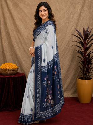  white blue chanderi cotton blend printed  1 minute ready to wear saree with unstitched blouse piece 2