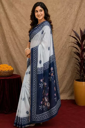  white blue chanderi cotton blend printed  1 minute ready to wear saree with unstitched blouse piece