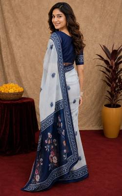  white blue chanderi cotton blend printed  1 minute ready to wear saree with unstitched blouse piece 3