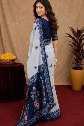  white blue chanderi cotton blend printed  1 minute ready to wear saree with unstitched blouse piece