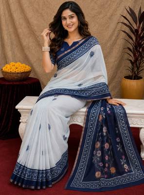  white blue chanderi cotton blend printed  1 minute ready to wear saree with unstitched blouse piece 4