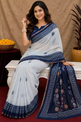  white blue chanderi cotton blend printed  1 minute ready to wear saree with unstitched blouse piece