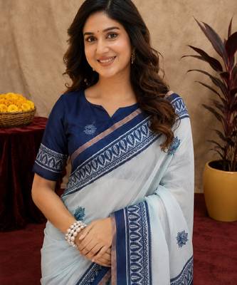  white blue chanderi cotton blend printed  1 minute ready to wear saree with unstitched blouse piece 5