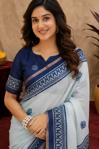 white blue chanderi cotton blend printed  1 minute ready to wear saree with unstitched blouse piece