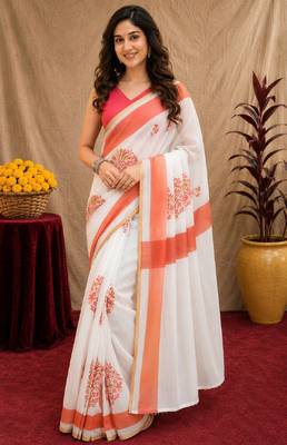  white pink chanderi cotton blend printed  1 minute ready to wear saree with unstitched blouse piece 1