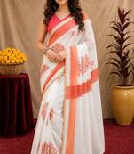 white pink chanderi cotton blend printed  1 minute ready to wear saree with unstitched blouse piece