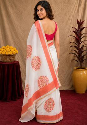  white pink chanderi cotton blend printed  1 minute ready to wear saree with unstitched blouse piece 3