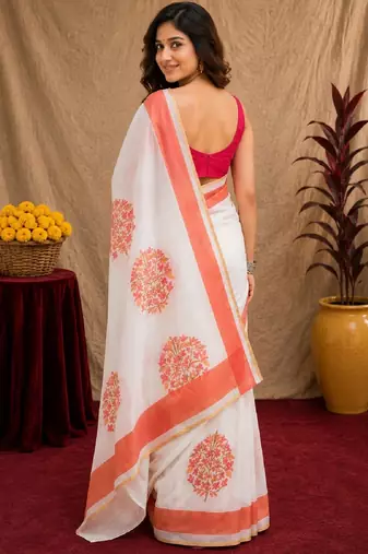  white pink chanderi cotton blend printed  1 minute ready to wear saree with unstitched blouse piece