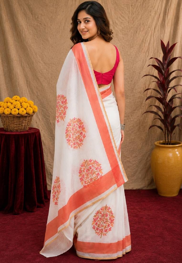  white pink chanderi cotton blend printed  1 minute ready to wear saree with unstitched blouse piece