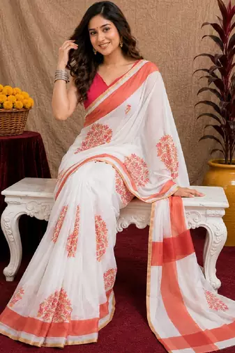  white pink chanderi cotton blend printed  1 minute ready to wear saree with unstitched blouse piece