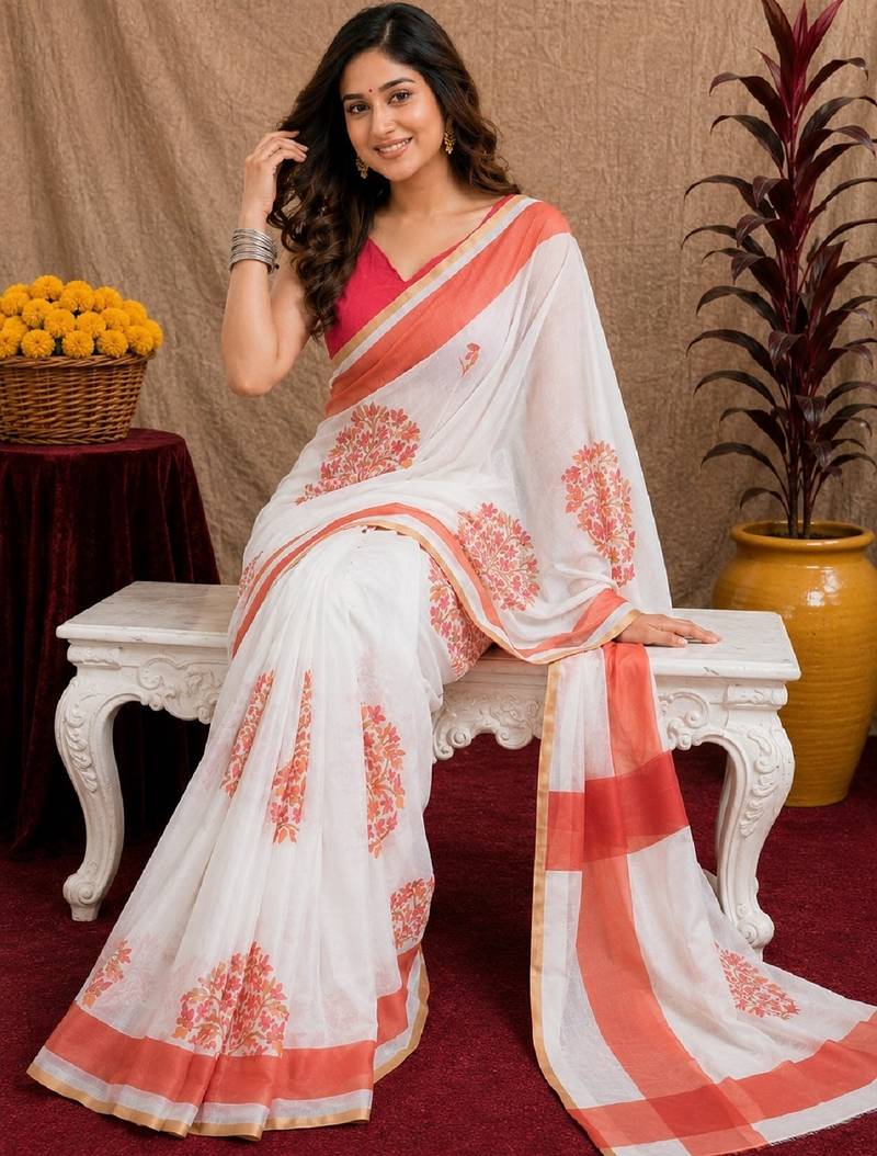  white pink chanderi cotton blend printed  1 minute ready to wear saree with unstitched blouse piece