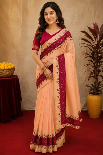  pich rani pink chanderi cotton blend printed  1 minute ready to wear saree with unstitched blouse piece