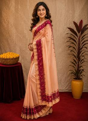  pich rani pink chanderi cotton blend printed  1 minute ready to wear saree with unstitched blouse piece 3