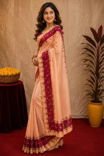  pich rani pink chanderi cotton blend printed  1 minute ready to wear saree with unstitched blouse piece