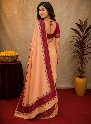  pich rani pink chanderi cotton blend printed  1 minute ready to wear saree with unstitched blouse piece 4