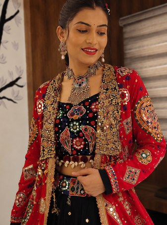 Black Mirror Work With Dori and Latkan attached Cotton Lahenga Choli Set