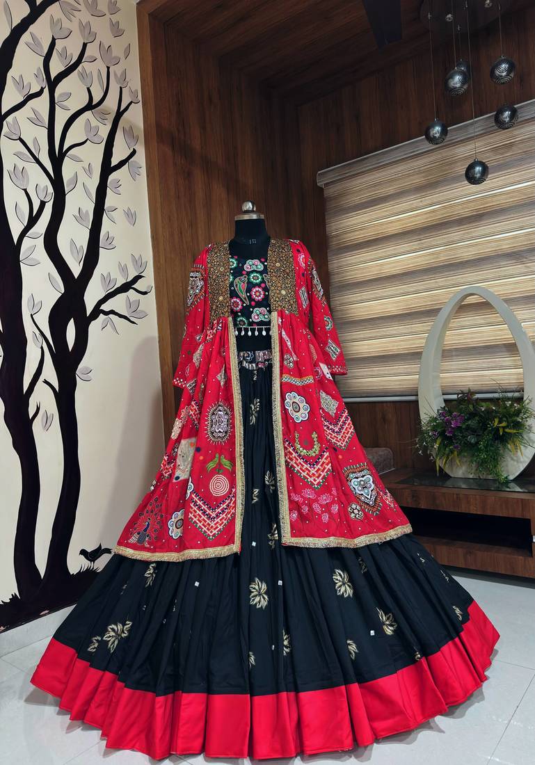 Black Color Real Mirror Work With Dori and Latkan attached Cotton Lahenga Choli Set
