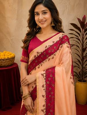 pich rani pink chanderi cotton blend printed  1 minute ready to wear saree with unstitched blouse piece 5